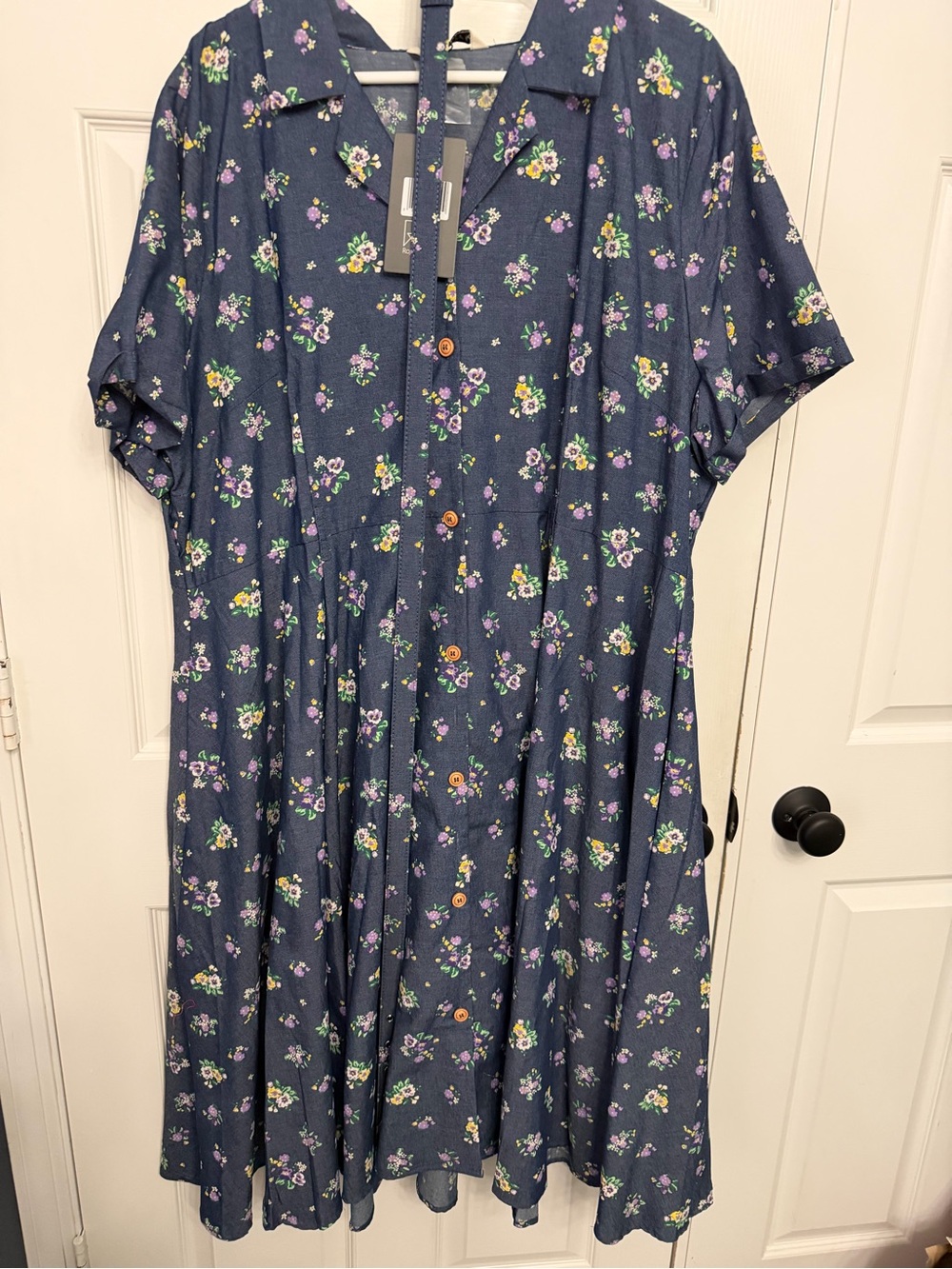 Navy Floral Button-Front Midi Dress
